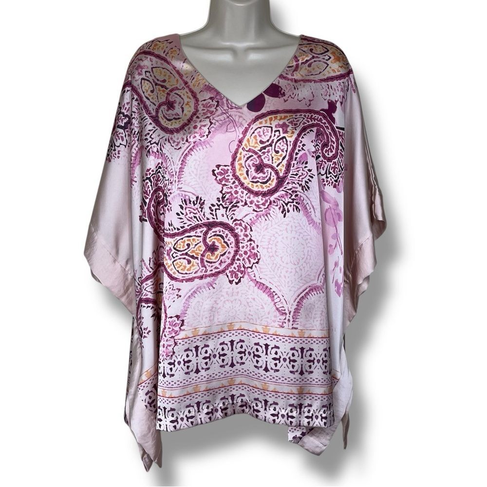 Chicos Pink Paisley Solid Border Poncho Kimono Silky Ruana V Neck Women Size S/M